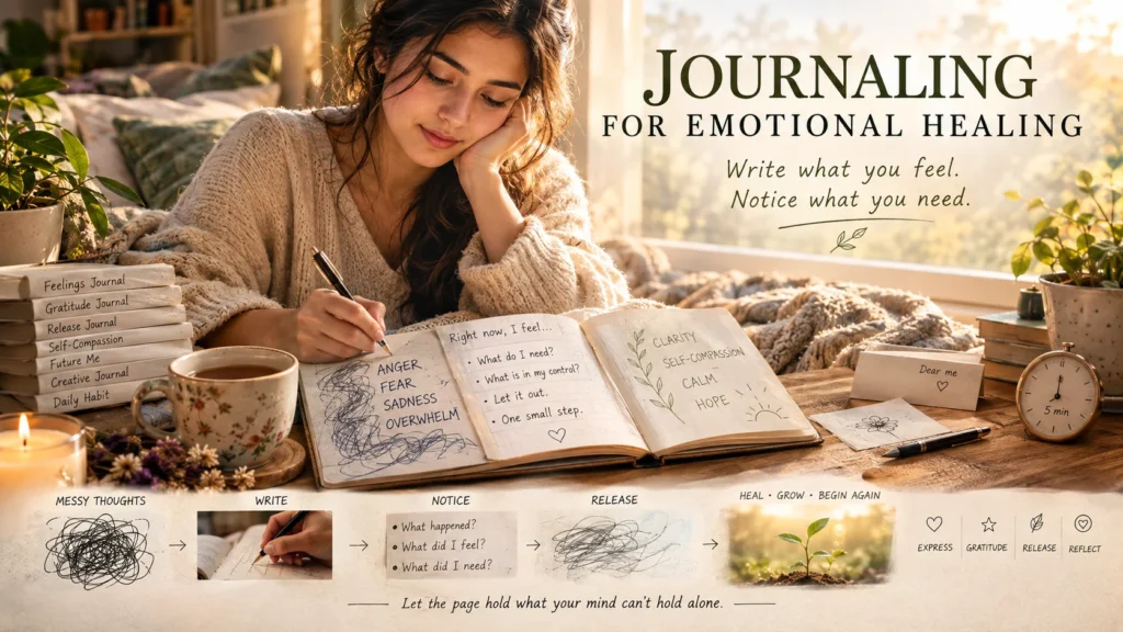 woman writing in cozy notebook journal for emotional healing beside candle and plants
