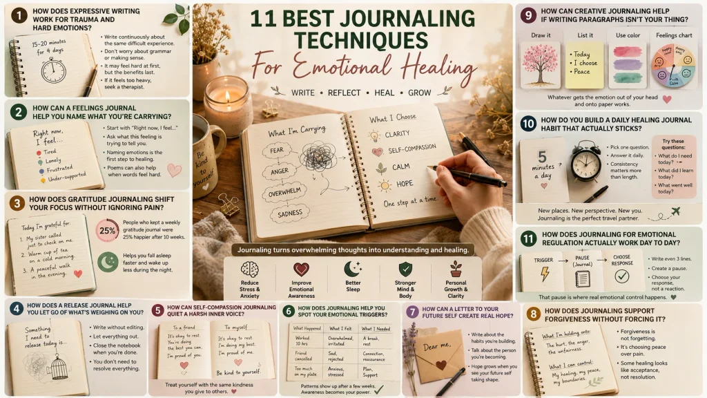 infographic showing eleven journaling techniques for emotional healing and self growth