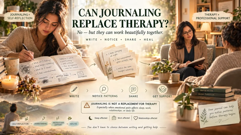 woman comparing journaling for emotional healing with a professional therapy session