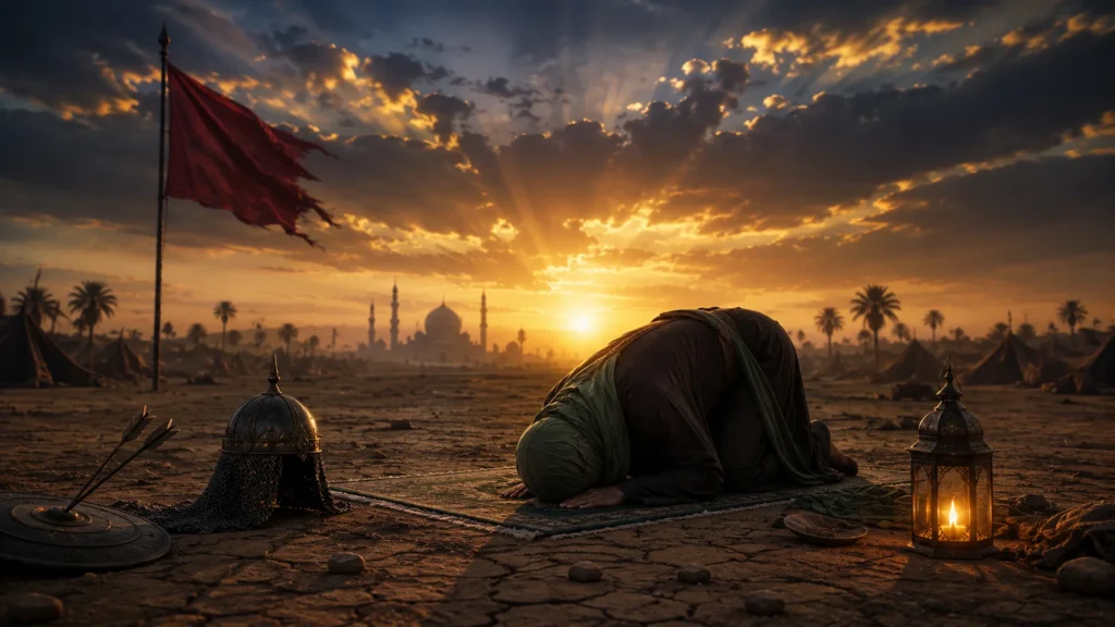 karbala-sajda-desert-sunset-shahadat-poetry — warrior in sajda on prayer mat amid armor and lantern at Karbala desert sunset