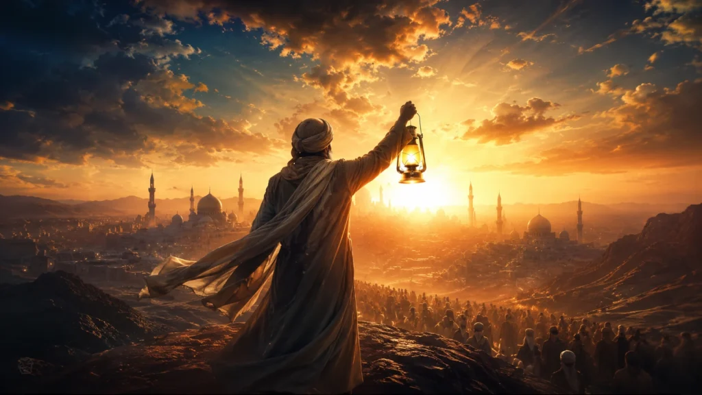 A robed figure stands on a rocky hilltop at sunset, holding up a glowing lantern, overlooking a desert city with mosque minarets and domes, while a large crowd of people gathers on the slope behind them