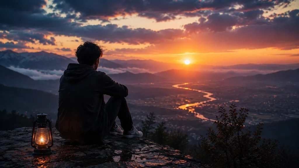 man sitting alone on mountain cliff at sunset with lantern — urdu poetry about life and hope