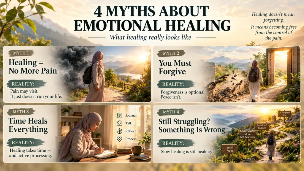hijabi woman walking through myths about emotional healing including pain and forgiveness