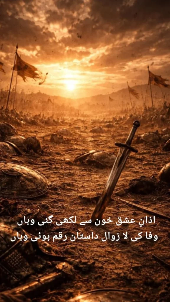 namaz-aur-imam-hussain-poetry-sword-battlefield-sunset-karbala — sword standing in sand on Karbala battlefield at sunset with fallen shields