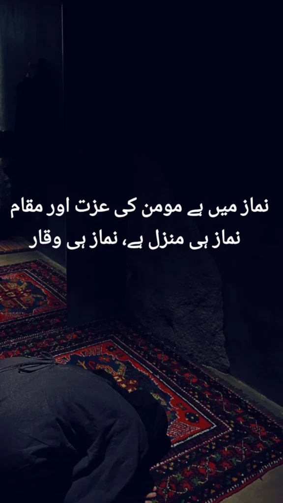 namaz-aur-imam-hussain-poetry-peaceful-sajda-momin-maqam — worshipper bowed in sajda on red patterned prayer mats in a dim room