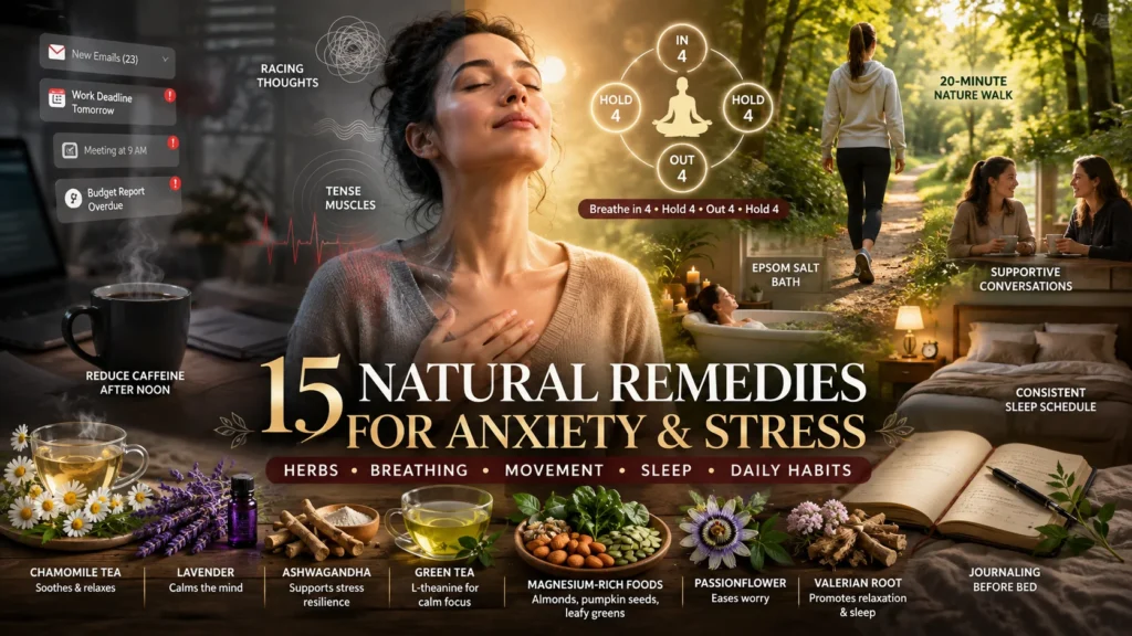 Woman practicing calm breathing among 15 natural remedies for anxiety and stress relief