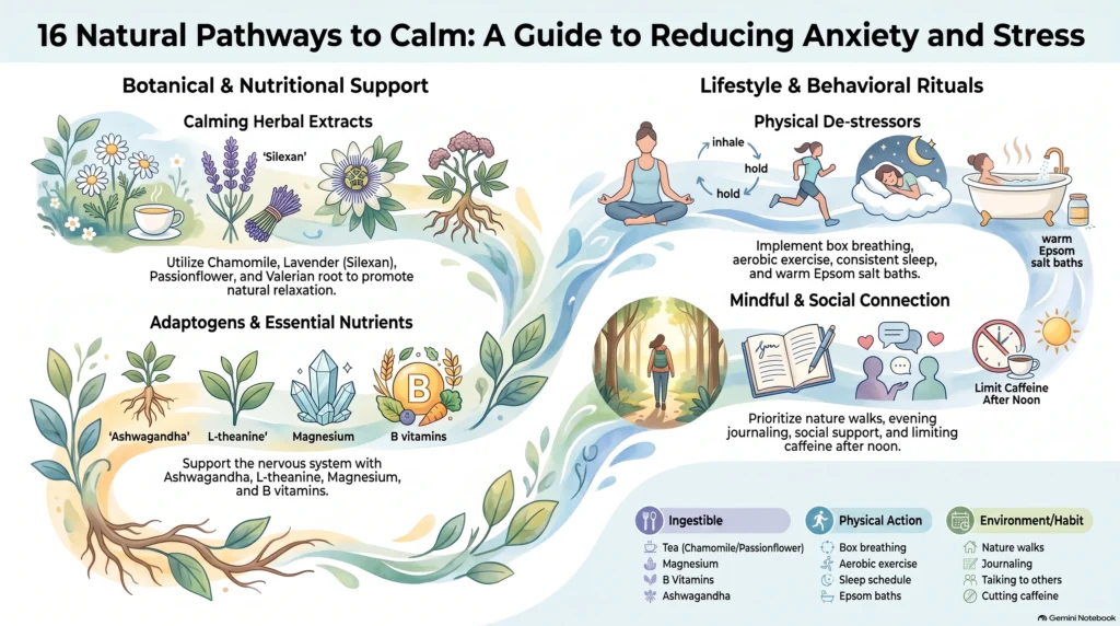 16 natural remedies guide covering herbs, adaptogens, breathing, and lifestyle rituals for anxiety
