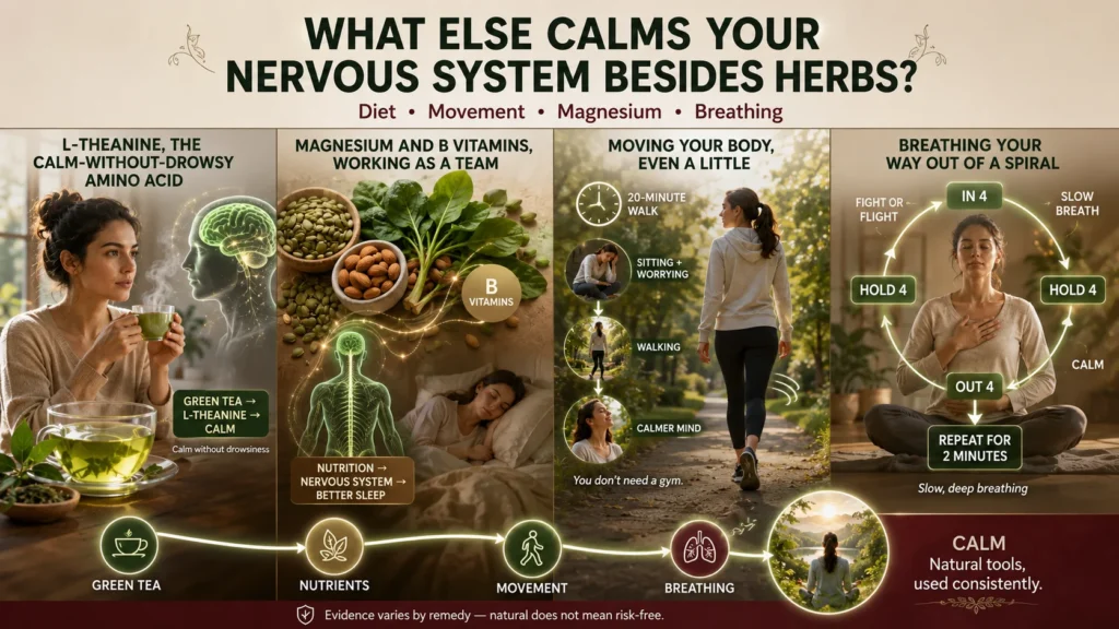Natural remedies infographic showing green tea, magnesium foods, walking, and breathing for calm