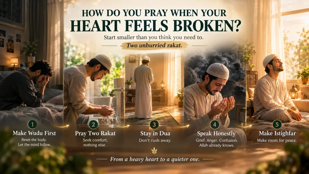 muslim man performs wudu, prays two rakat, and makes dua to heal his broken heart