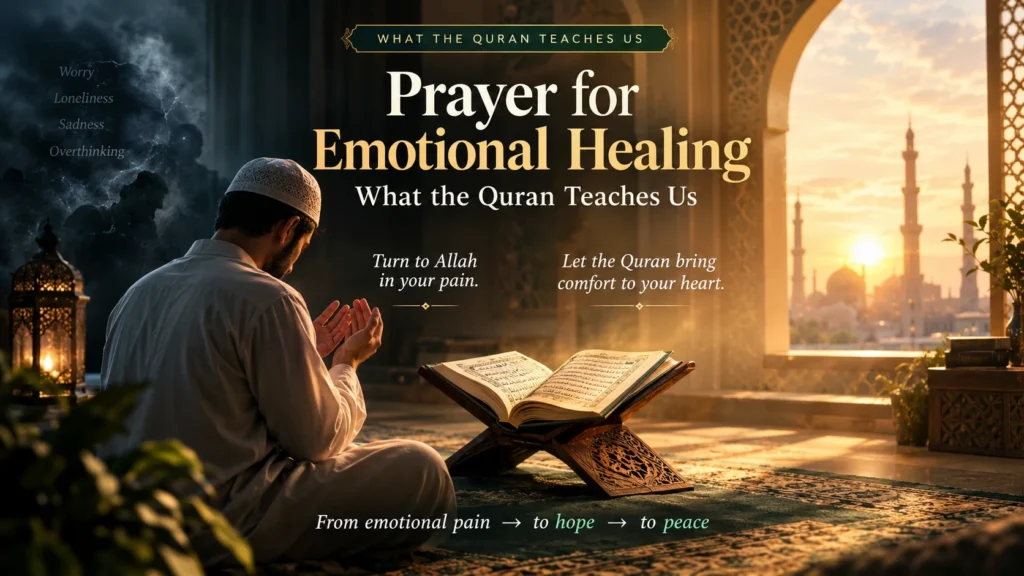 muslim man prays beside an open quran at sunset, seeking emotional healing and peace