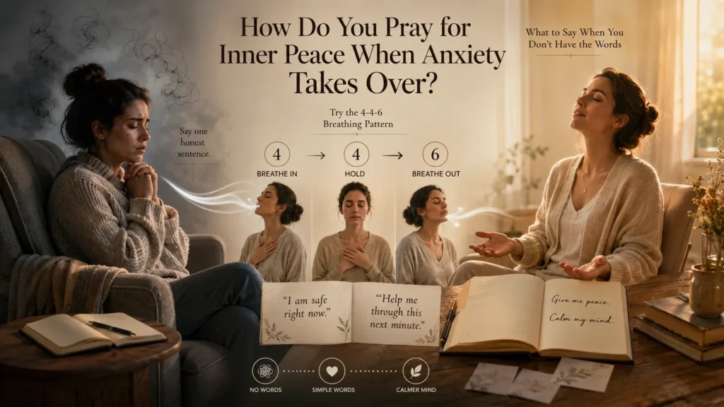 Woman practicing the 4-4-6 breathing technique as a calming prayer for inner peace during anxiety