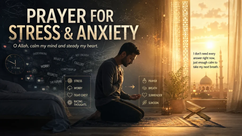 man kneeling in prayer for stress and anxiety relief at golden hour sunset window