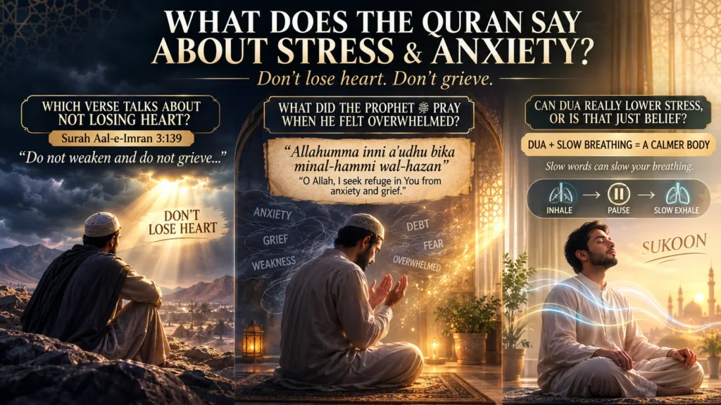 man praying beside glowing quran verses about prayer for stress and anxiety rel