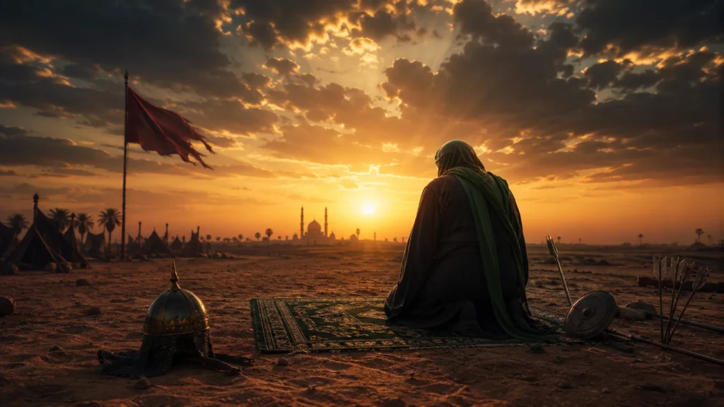 prayer-imam-hussain-english-poetry-cover — warrior seated in prayer on a mat facing Karbala shrine at sunset beside helmet and arrows