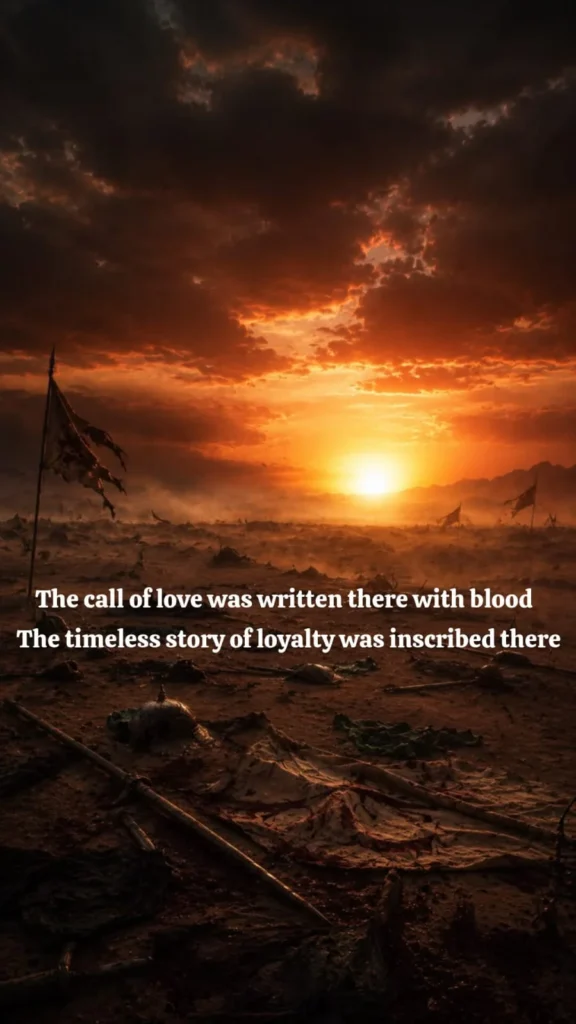 prayer-imam-hussain-poetry-battlefield-sunset-blood-loyalty — English verse on love's call written in blood and loyalty's timeless story, over a battlefield sunset with fallen flags