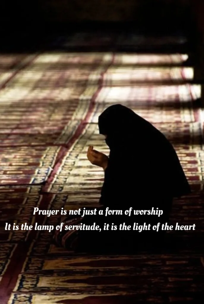 prayer-imam-hussain-poetry-silhouette-dua-sunlit-carpet — English verse calling prayer the lamp of servitude and light of the heart, over a silhouette in dua on a sunlit prayer carpet