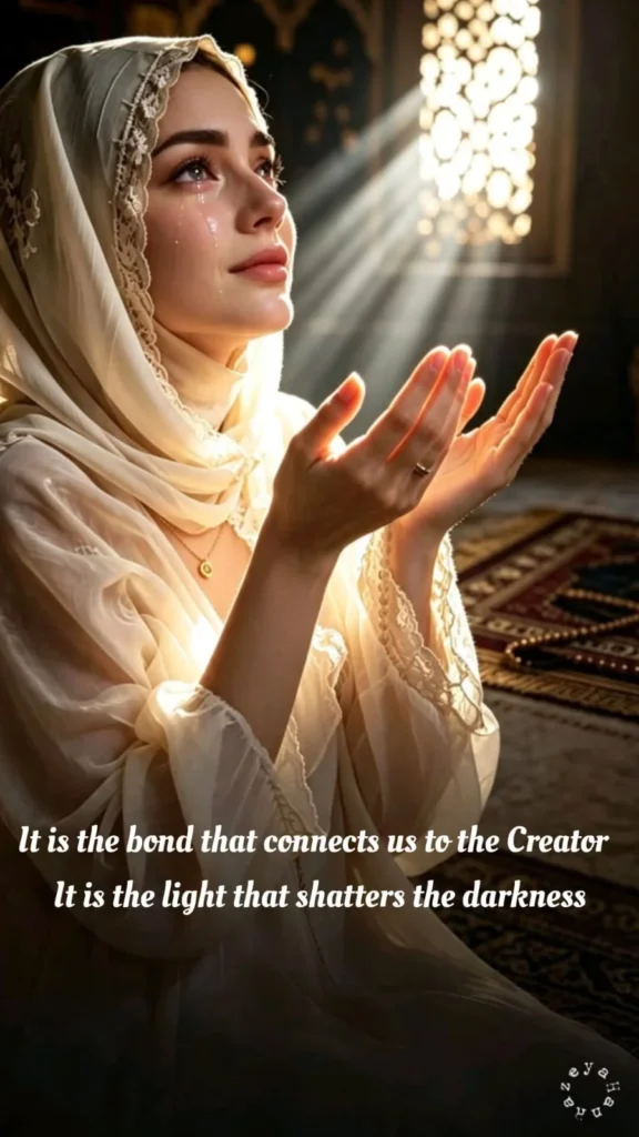 prayer-imam-hussain-poetry-woman-crying-dua-sunlight — English verse describing prayer as the bond with the Creator and light that shatters darkness, over a woman in tears raising hands in dua