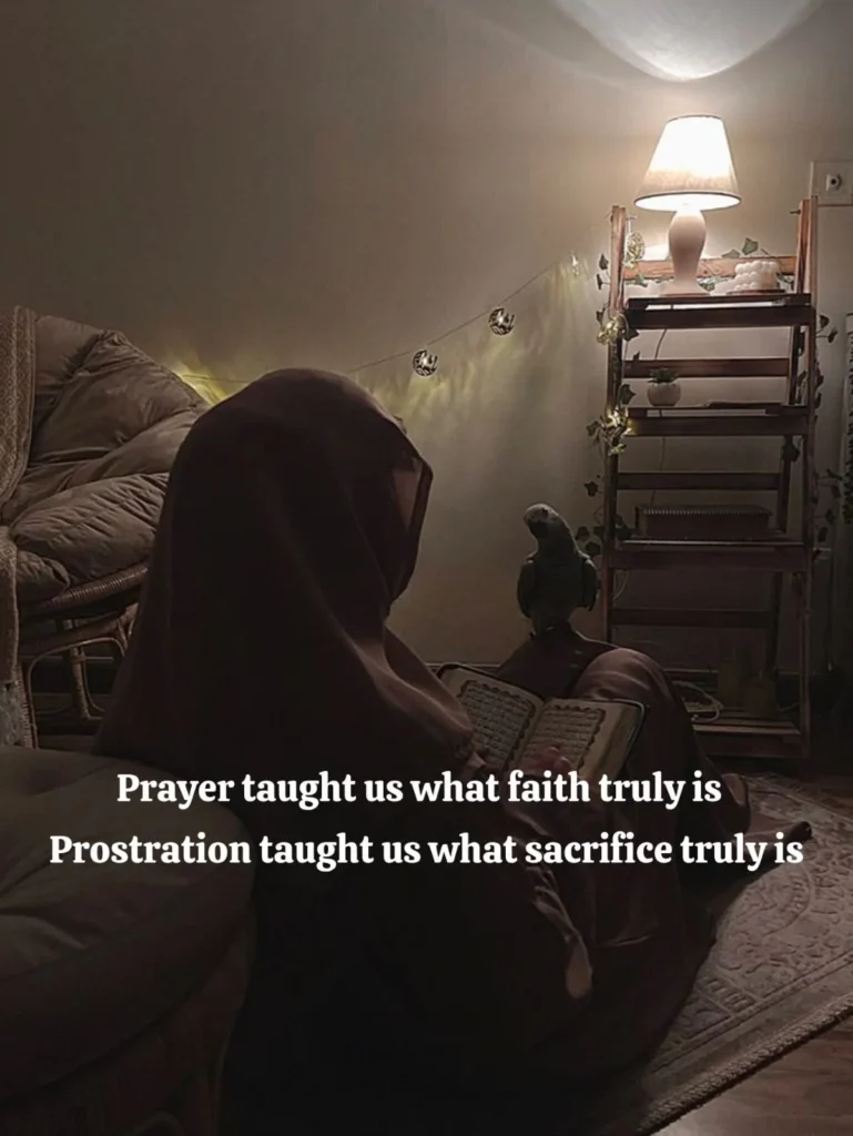 prayer-imam-hussain-poetry-woman-quran-parrot-lamp — English verse on prayer teaching faith and prostration teaching sacrifice, over a woman reading Quran beside a lamp and parrot