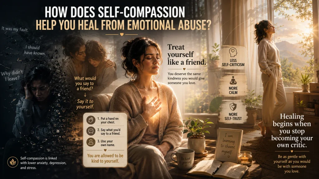 oman practicing self-compassion as part of healing from emotional abuse at home