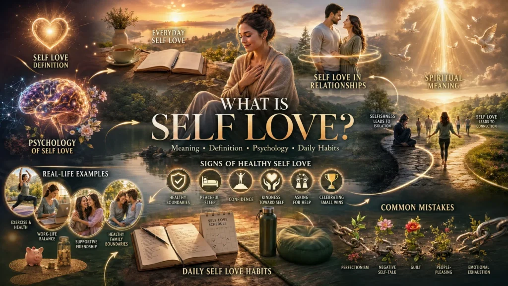Self love definition infographic explaining meaning, psychology and signs of healthy self love