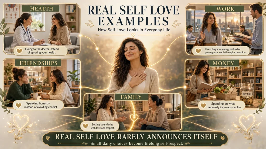 Real self love examples infographic showing self love in health, work, friendships and family