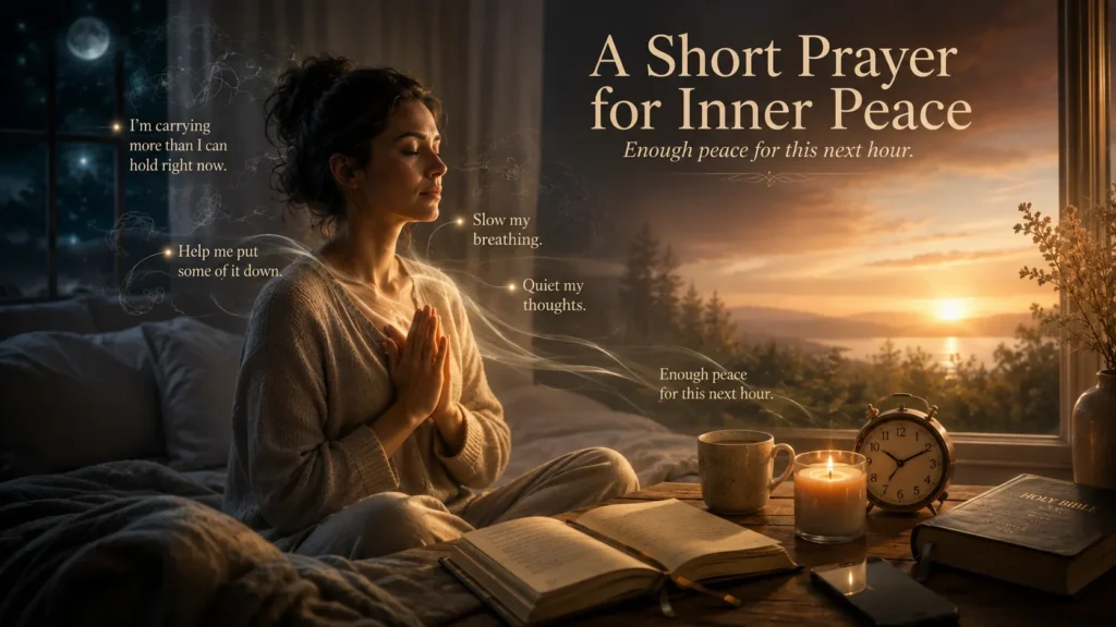 Woman whispering a short prayer for inner peace at bedtime beside a candle and window