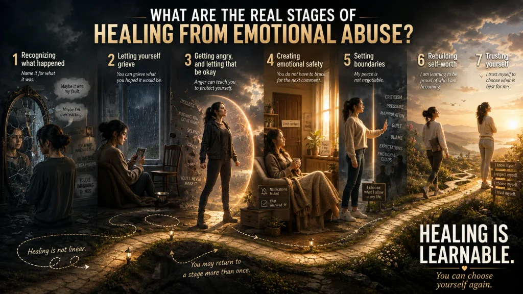 infographic showing the seven real stages of healing from emotional abuse journey