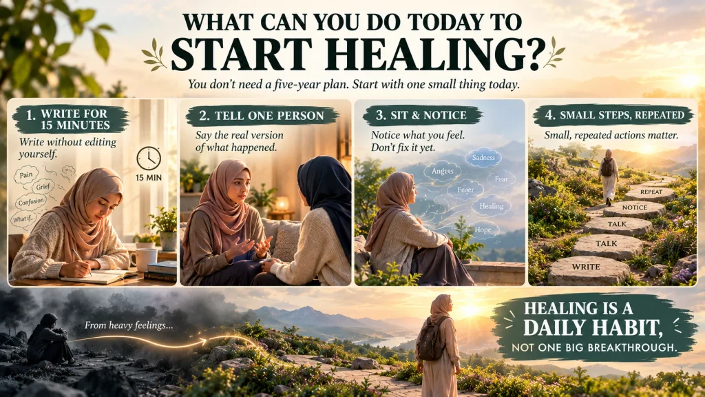 hijabi woman journaling talking and walking mountain path to start healing today