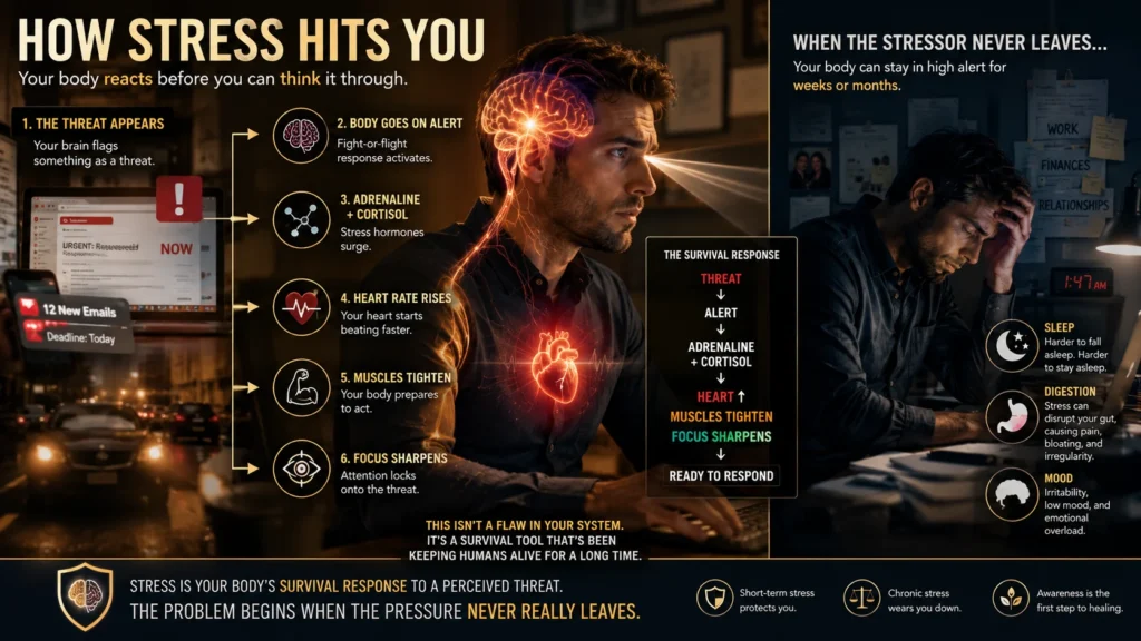 Infographic showing stress vs anxiety fight-or-flight body response with brain and heart icons