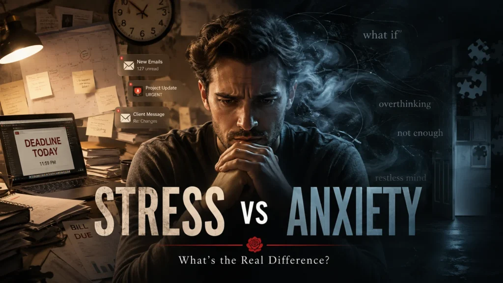 Stressed man at cluttered desk illustrating stress vs anxiety and the real difference between them