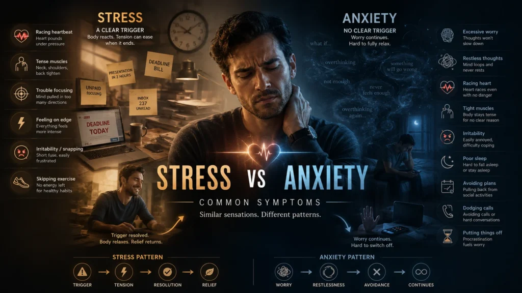 Man comparing stress vs anxiety symptoms with racing heart, tense muscles and restless thoughts