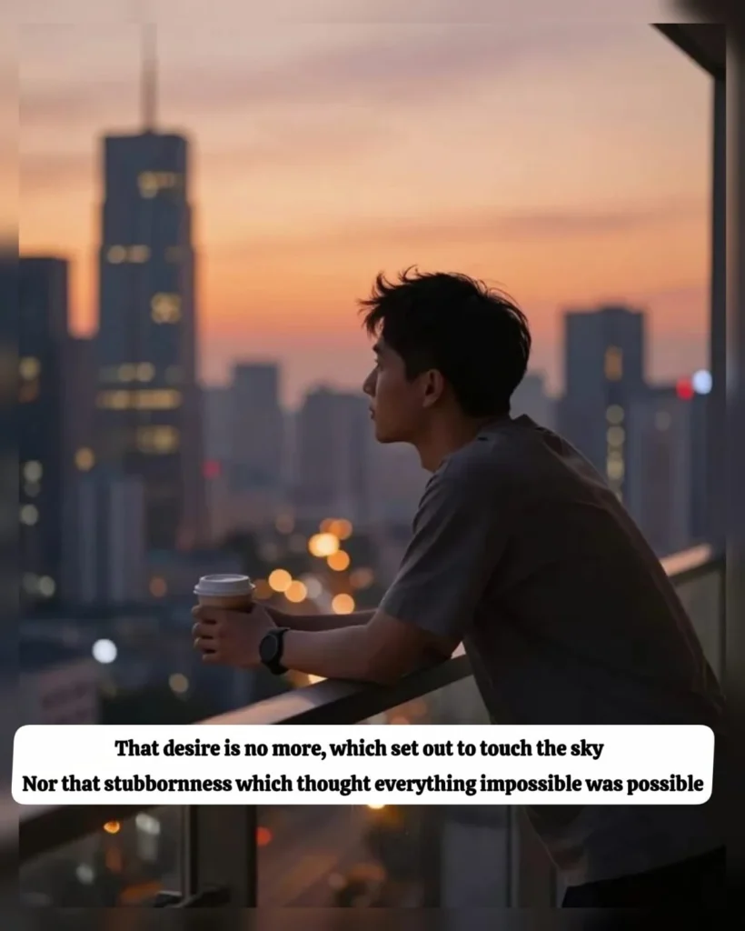  Man holding coffee on city balcony at sunset, feeling time changes a person poem