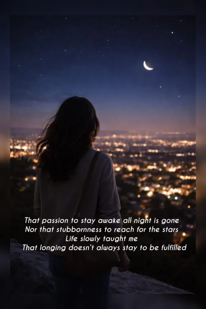  Woman standing above night city lights under moon, time changes a person poem feeling
