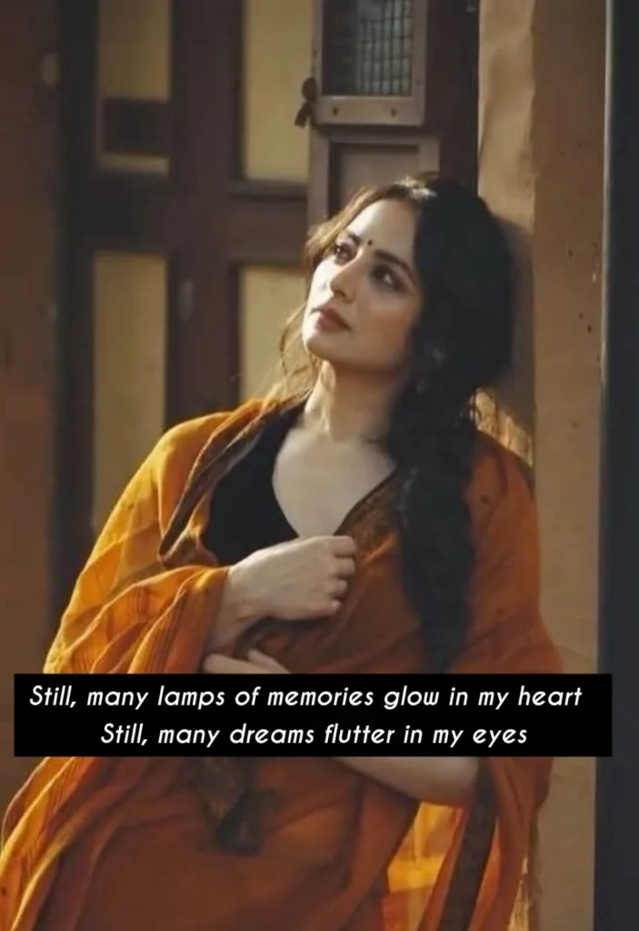 Woman wrapped in orange shawl standing by doorway, time changes a person poem mood