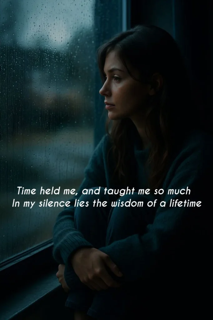  Woman sitting by rainy window lost in thought, time changes a person poem scene