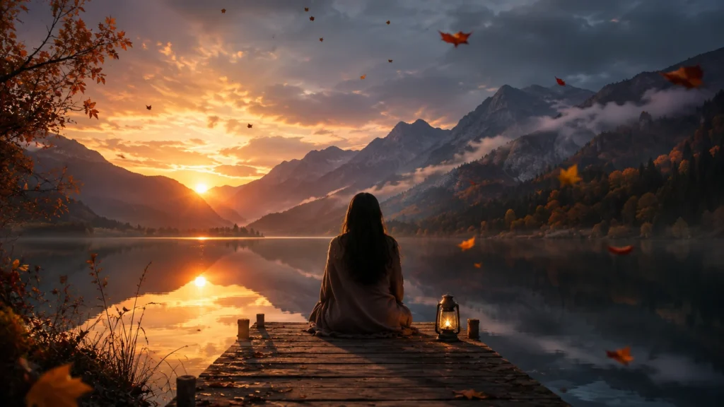 Woman sitting alone on lake dock at sunset with mountains, time changes a person poem feeling