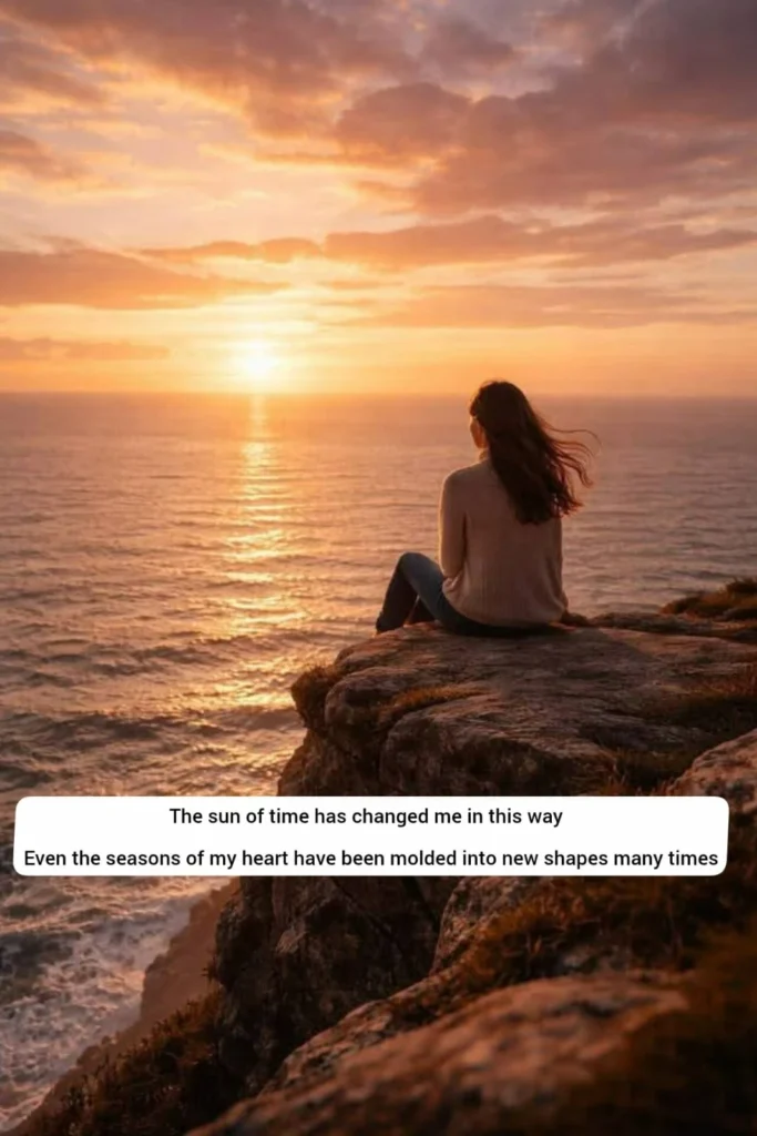 Woman sitting alone on ocean cliff at sunset, time changes a person poem mood