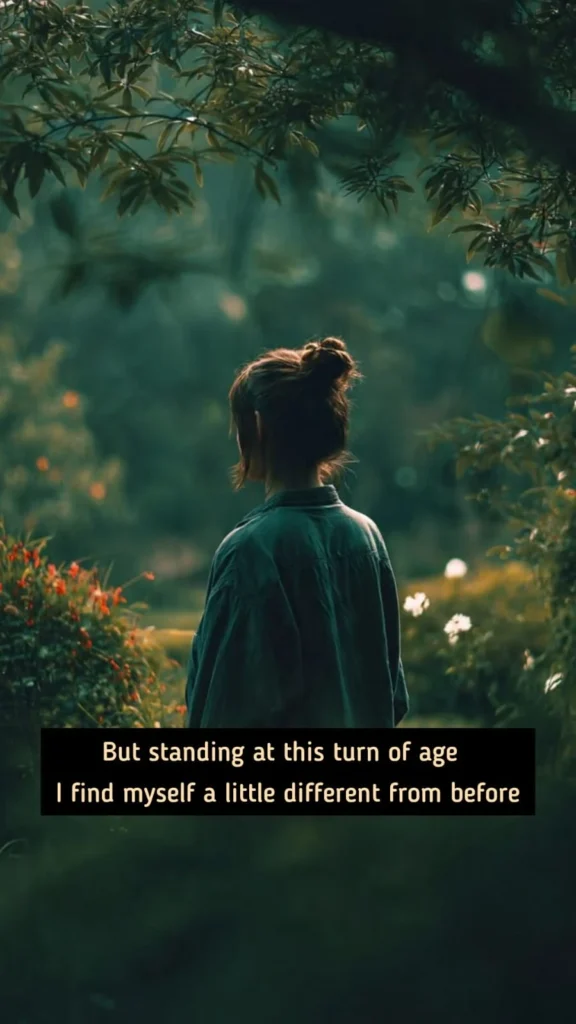 Woman standing quietly in green garden path, time changes a person poem ending