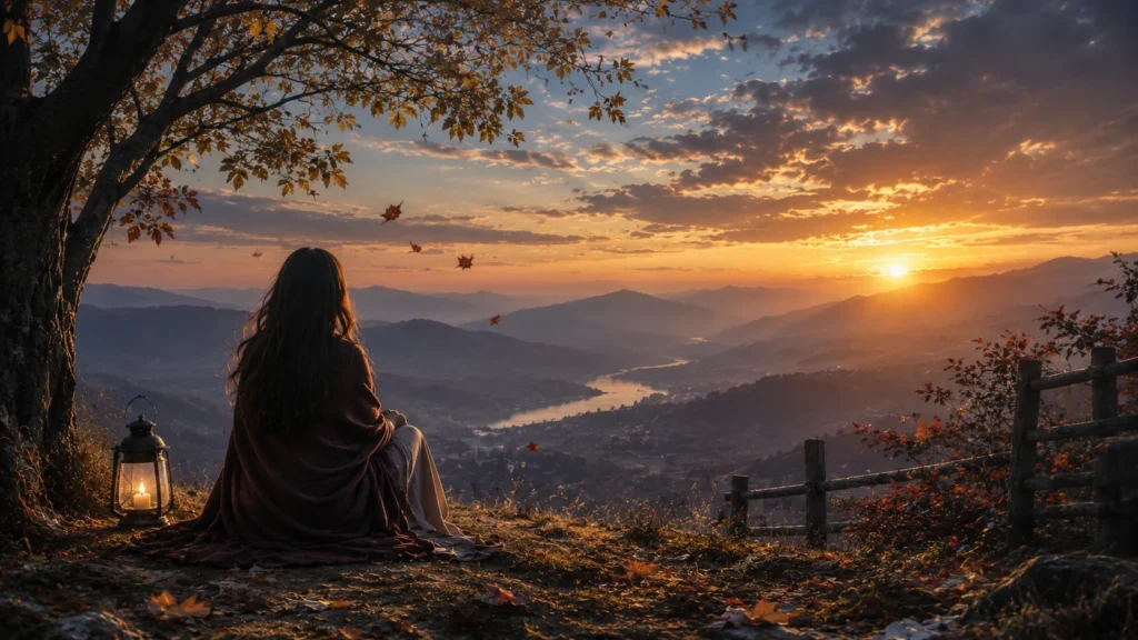 Woman sitting under autumn tree watching sunset over mountains, waqt badal deta hai shayari