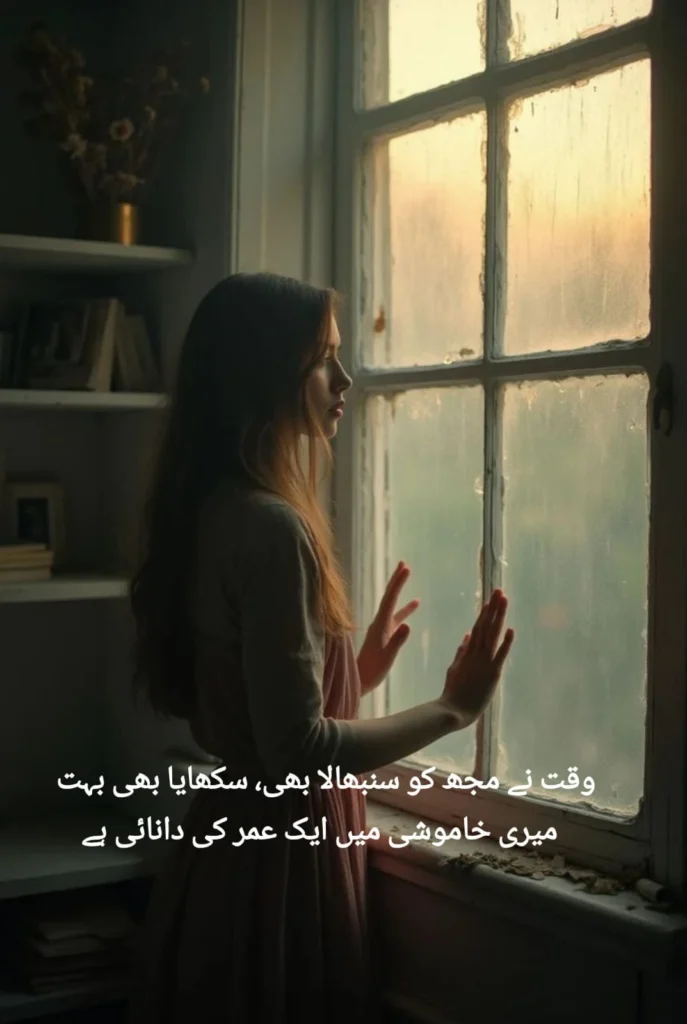 Woman touching glass of sunlit window quietly, lost in waqt ke sath badalna shayari