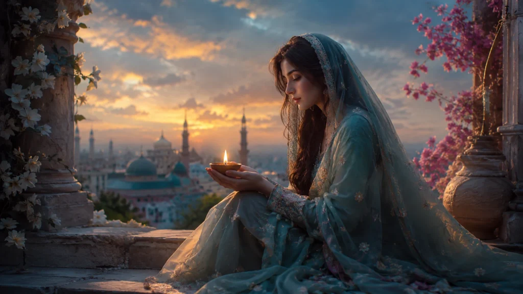 woman holding oil lamp on balcony at sunset overlooking mosque skyline — poem about silent prayer and faith