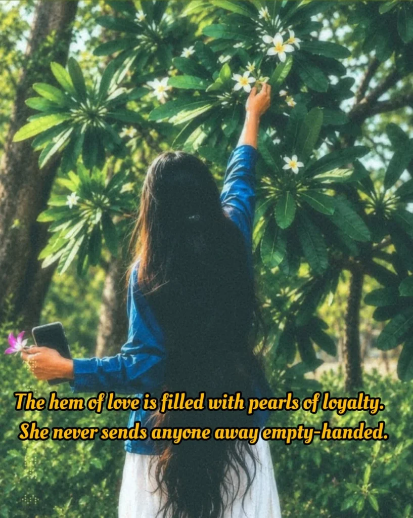 woman reaching for white flowers in garden symbolizing love and loyalty poem