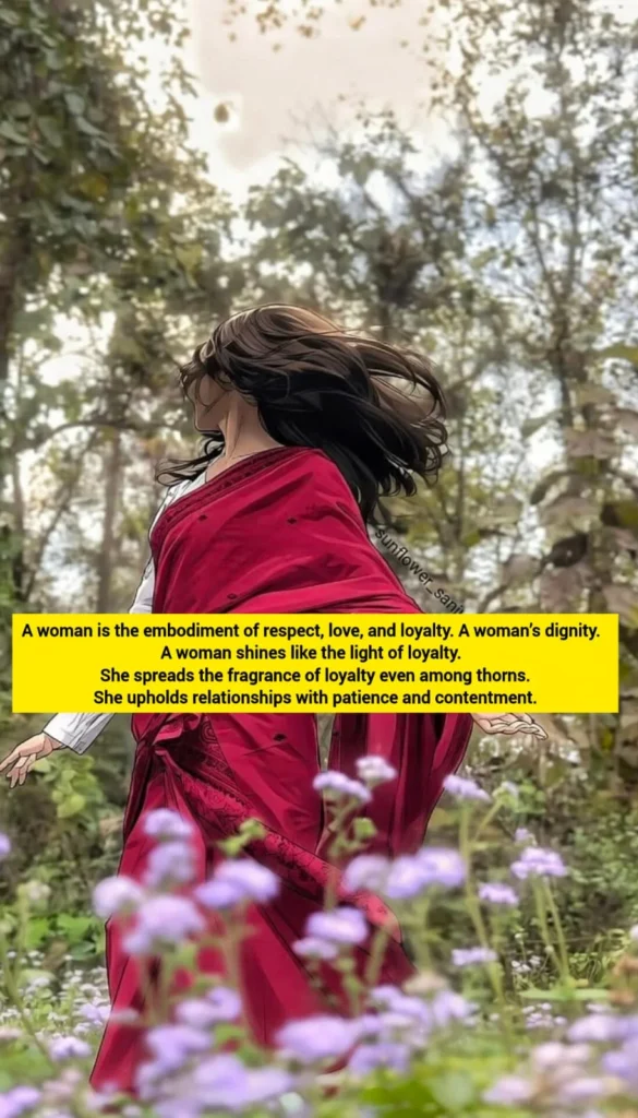 woman in red saree walking through green forest showing woman loyalty poem theme