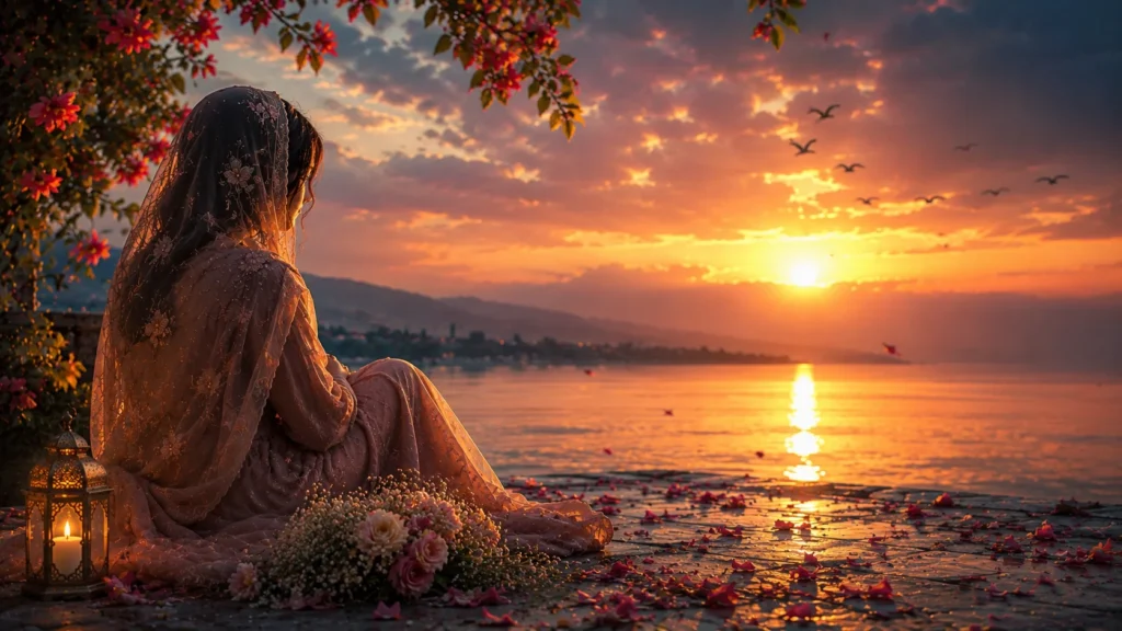 woman in veil sitting by lakeside sunset with roses and lantern reflecting quiet loyalty