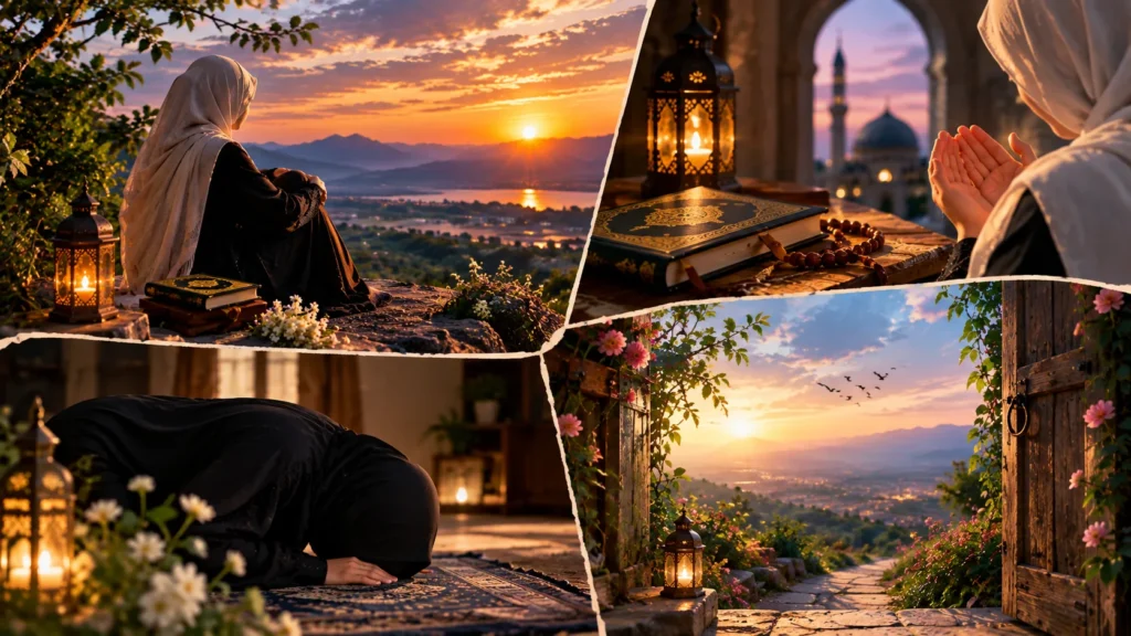 woman sitting on hilltop at sunset with lantern and quran, allah se umeed poetry