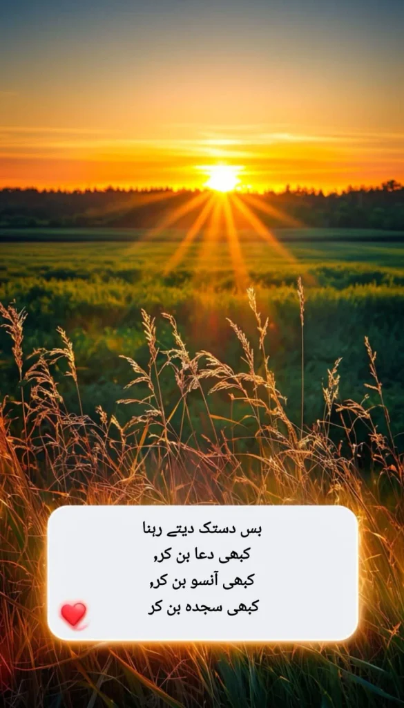urdu poem with golden sunrise over green field and tall grass, allah se umeed poetry