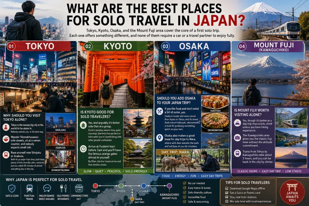 Guide to best solo travel places in Japan covering Tokyo Kyoto Osaka and Mount Fuji