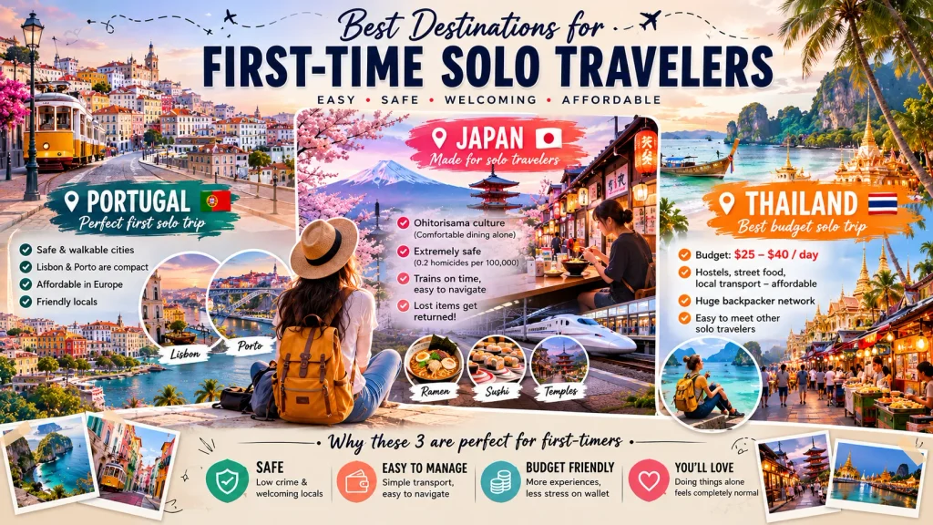 travel guide highlighting portugal japan and thailand as best solo travel destinations for beginners