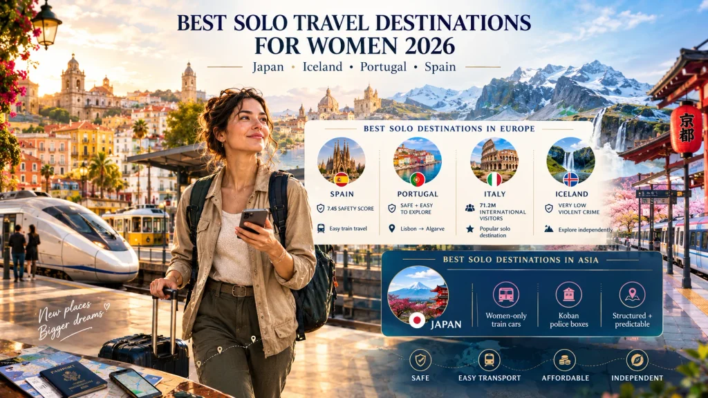 travel infographic listing best solo travel destinations for women in japan spain and iceland
