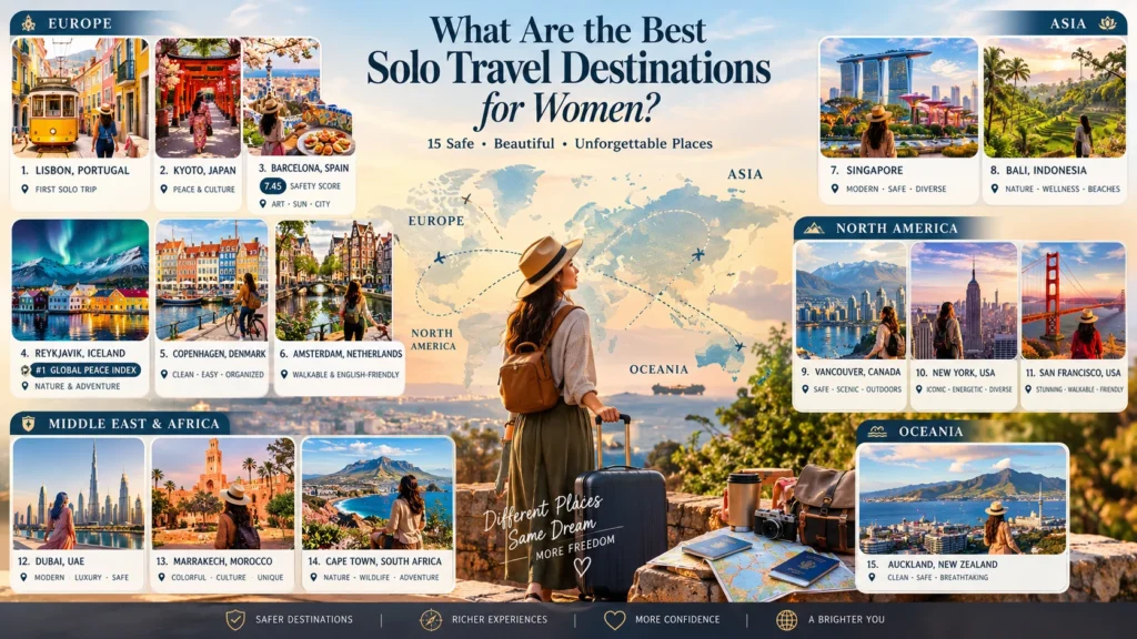 World map infographic listing 15 best solo travel destinations for women across every continent